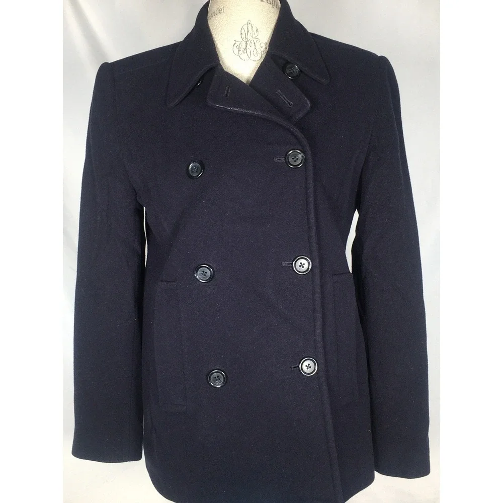 LINDA ALLARD ELLEN TRACY WOMEN'S NAVY BLUE WOOL BLEND PEA COAT SIZE 2
